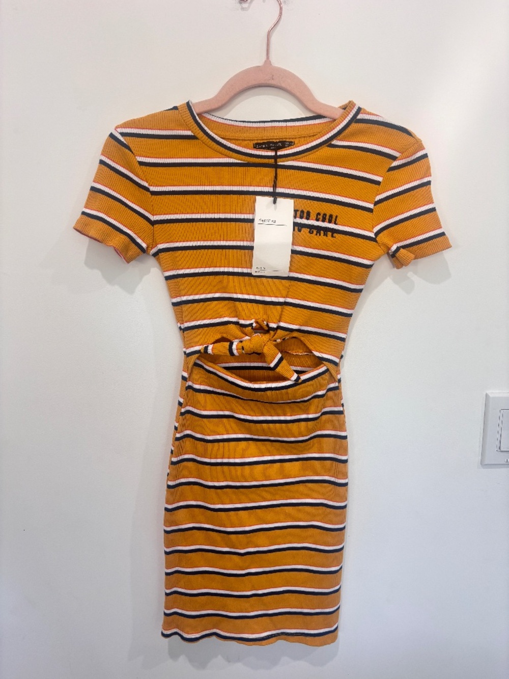 yellow Bershka Front Knot Striped Dress featuring a ribbed texture, horizontal s